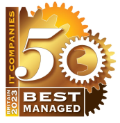 2023 Britain 50 Best Managed IT Companies logo with interlocking gears in gold, bronze, and brown.