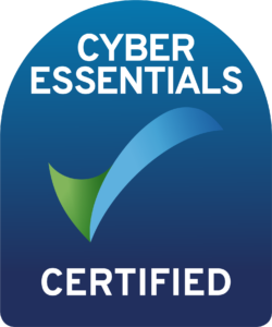 Cyber Essentials Certified logo featuring a green and blue checkmark on a dark blue background with white text.