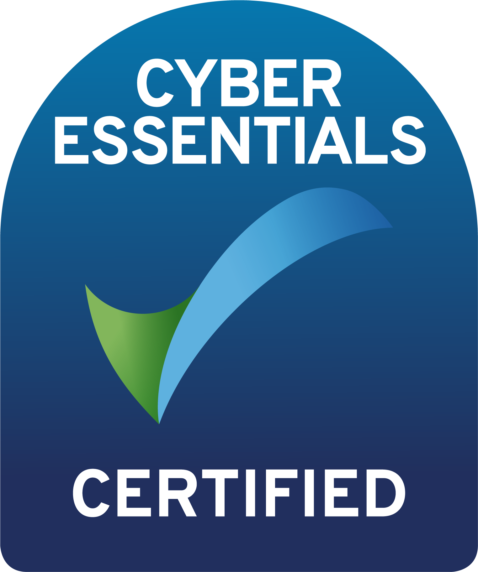 Cyber Essentials Certified logo featuring a green and blue checkmark on a dark blue background with white text.