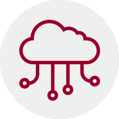 Icon graphic of a red outline of a cloud with four lines coming out of the bottom representing the various services cloud solutions can provide a business