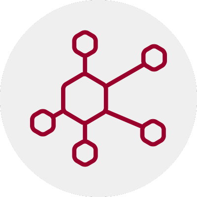 icon of a red outlined hexagon with five lines stemming off from five of it's six points. Five smaller hexagons are at the terminus of each line connected at one of their points.