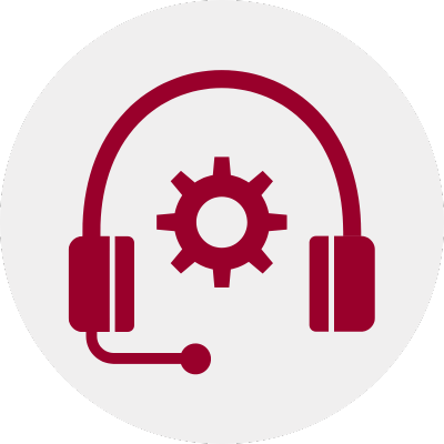 Icon depicting support services. a headset graphic with a gear wheel in the center.