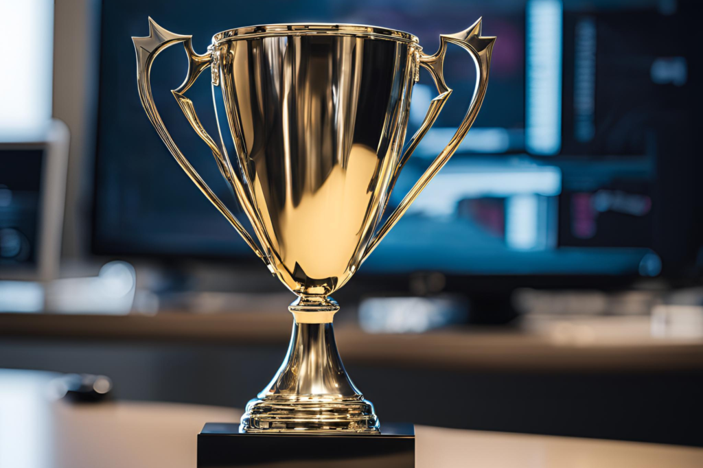 A shiny gold trophy with intricate handles displayed on a desk, with computer monitors in the background.