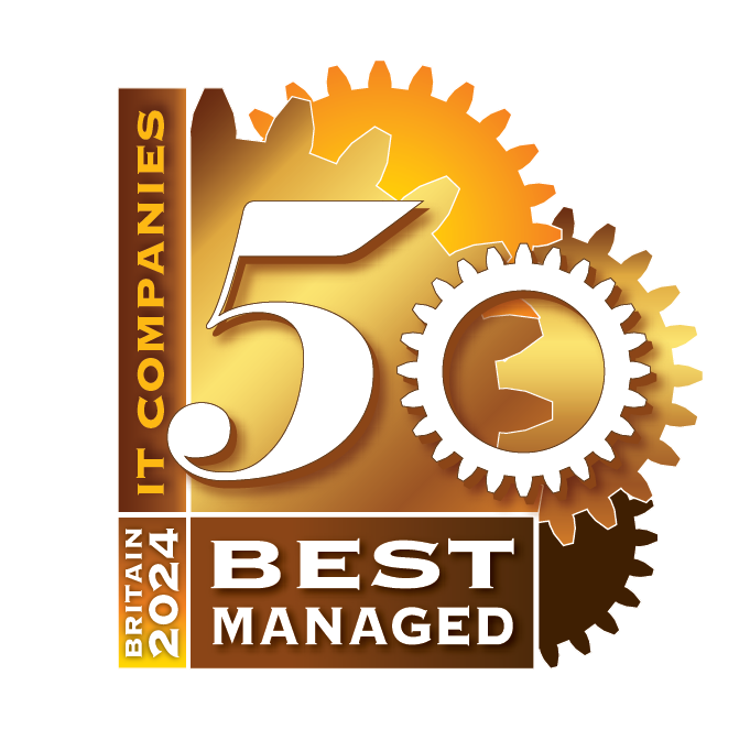 A golden emblem featuring gears in the background with the text "50 Best Managed IT Companies in Britain 2024" prominently displayed.