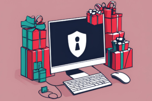 A computer monitor displaying a security shield icon, surrounded by red and green wrapped holiday gift boxes, symbolizing cybersecurity during the festive season.