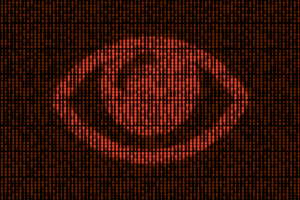 A digital red eye symbol formed by binary code (1s and 0s), representing hidden surveillance or malware on a device.