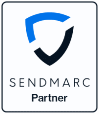 Sendmarc logo featuring a shield icon with a blue and black arc and the word "SENDMARC" in clean, modern typography.