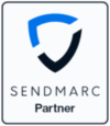 Sendmarc logo featuring a shield icon with a blue and black arc and the word "SENDMARC" in clean, modern typography.