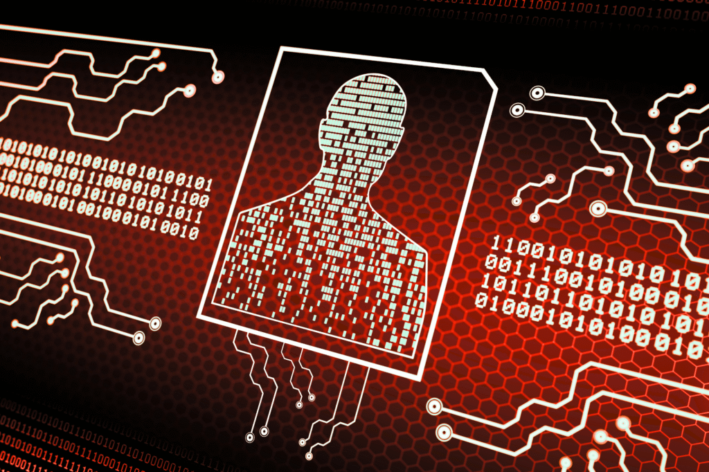 Digital silhouette made of binary code representing a person, surrounded by circuit lines and data streams, symbolizing AI-powered cyber attacks and identity theft.
