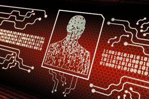 Digital silhouette made of binary code representing a person, surrounded by circuit lines and data streams, symbolizing AI-powered cyber attacks and identity theft.