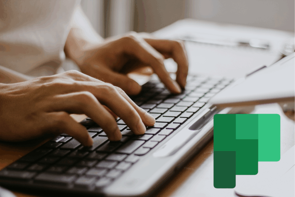 Person typing on a keyboard with the Microsoft Planner logo in the foreground.