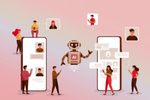 Illustration of people communicating through smartphones with an AI robot in the center facilitating conversations.