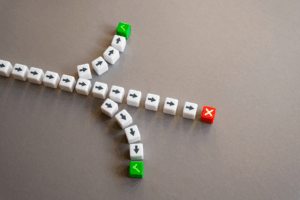 Flow of white arrow blocks splitting into three paths, with one path ending in a red block marked with an "X" and two others leading to green blocks with checkmarks.