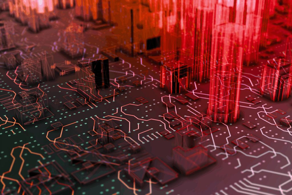 Abstract digital cityscape representing IT infrastructure and cybersecurity networks in the UK charity sector.