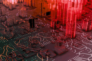 Abstract digital cityscape representing IT infrastructure and cybersecurity networks in the UK charity sector.